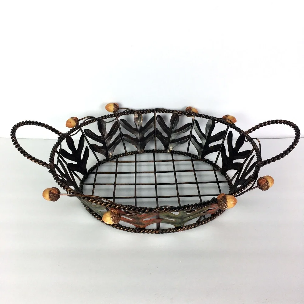 Wire Bread Basket Metal Leaves & Decorative Acorns